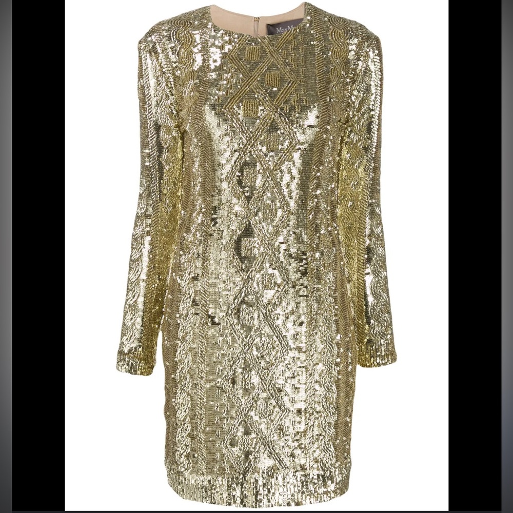 Max Mara Evening Sequin Long Sleeve Dress Embellished Gold M Gold Sequin
